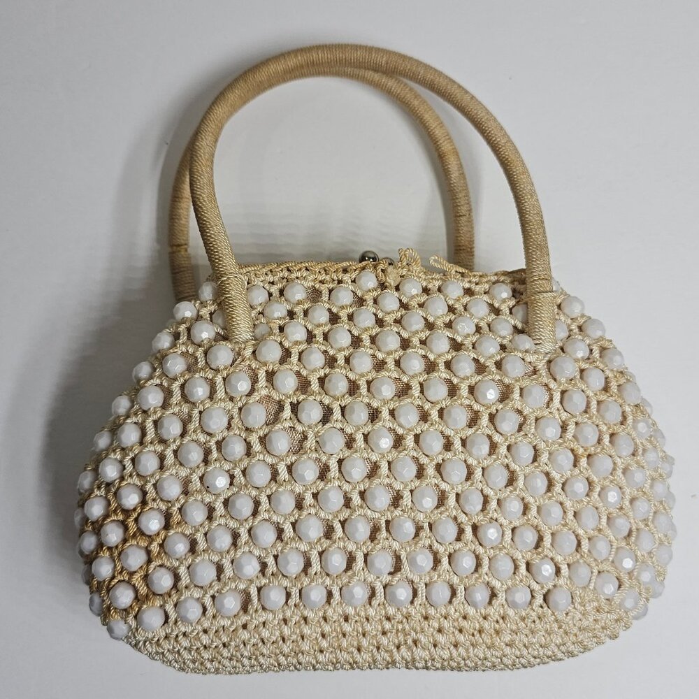 Made in Italy Crocheted Raffia Beige & White Beaded Purse Bag MCM Vintage